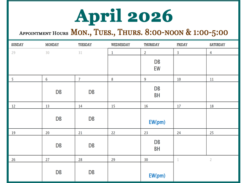 April - Plateau Valley Medical Clinic Doctor Schedules in Mesa Colorado